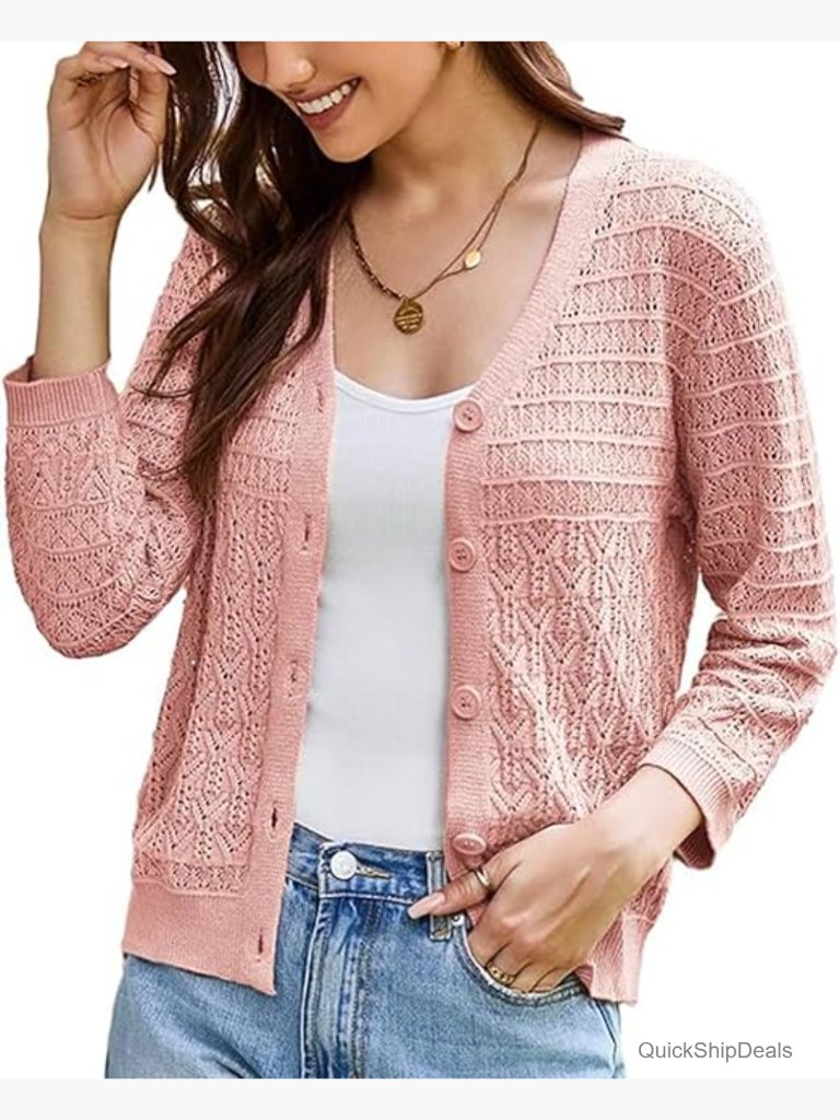 Lightweight Crochet Knit 3/4 Sleeve Cardigan Sweater